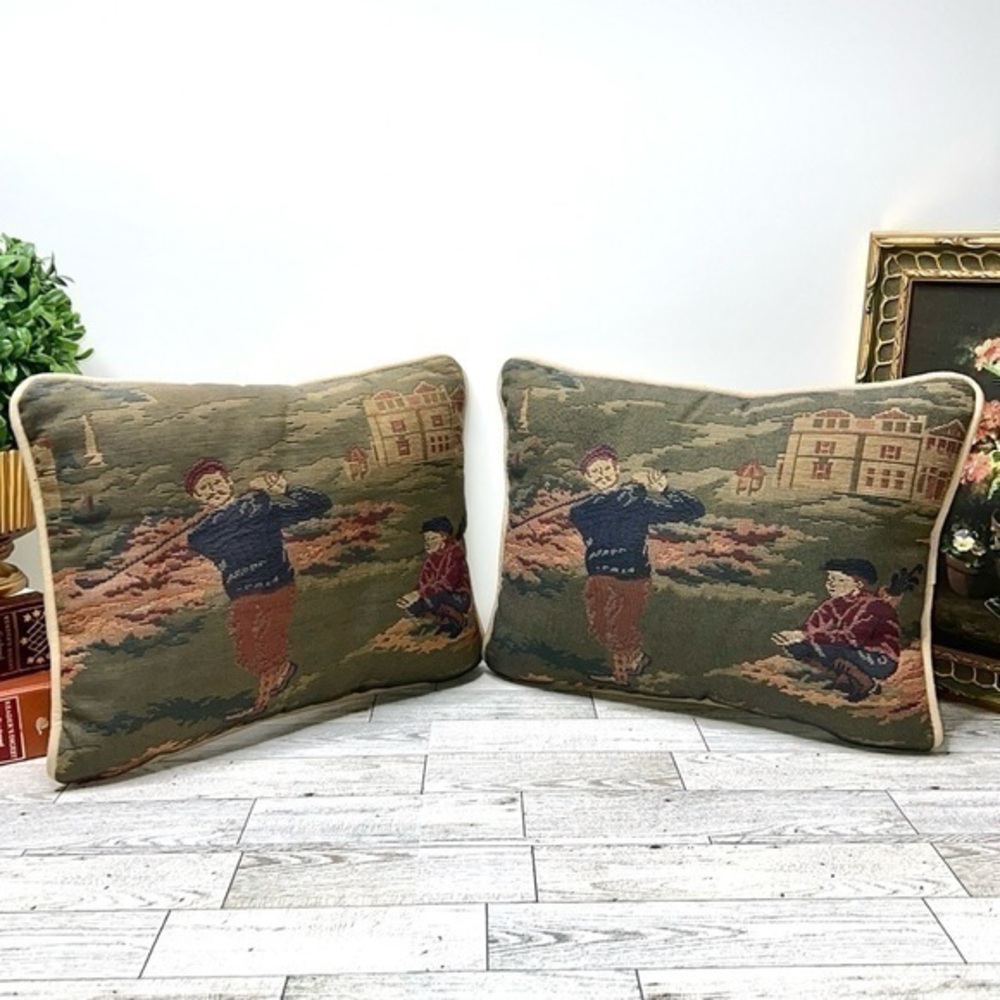 Vintage Tapestry Accent Pillow Set Golf Scene